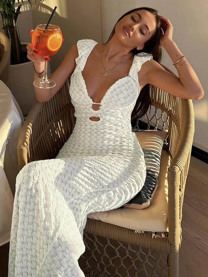 Isadora - Elegant V-Neck Backless Lace-Up Hollowed-Out Slim Maxi Dress