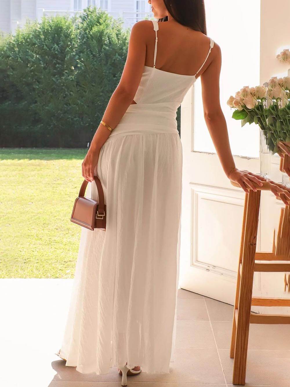 Tasha - Elegant Backless Pleated V-Neck Splicing Maxi Dress