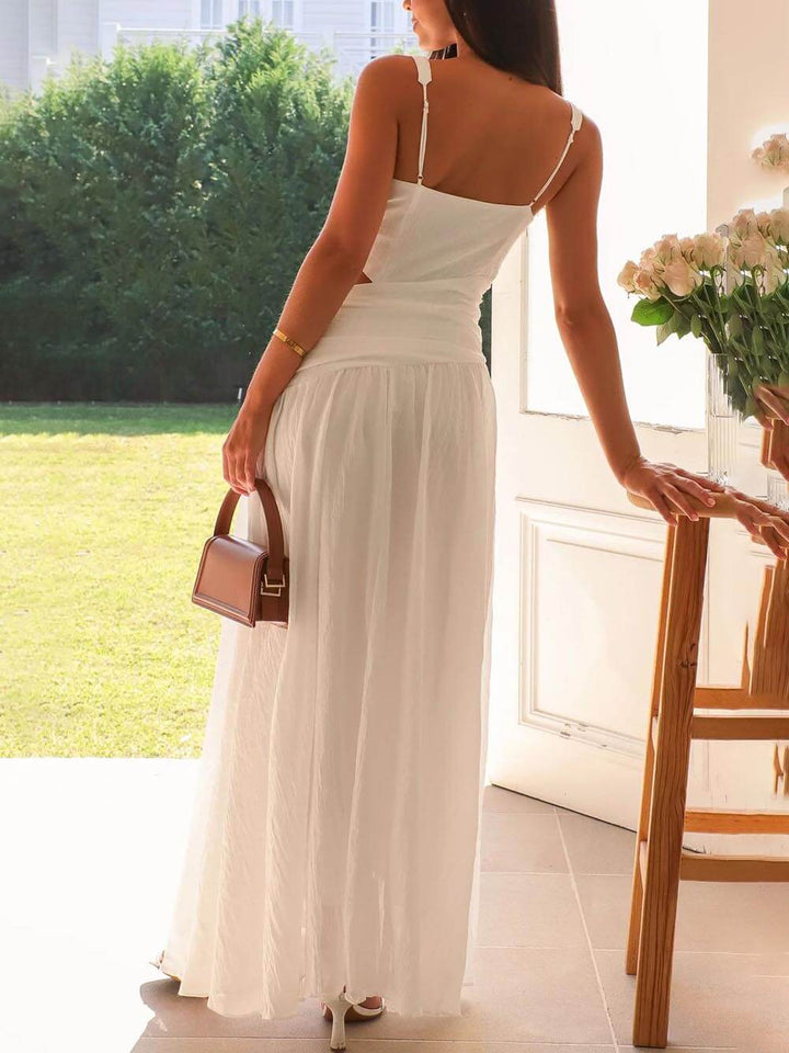 Tasha - Elegant Backless Pleated V-Neck Splicing Maxi Dress