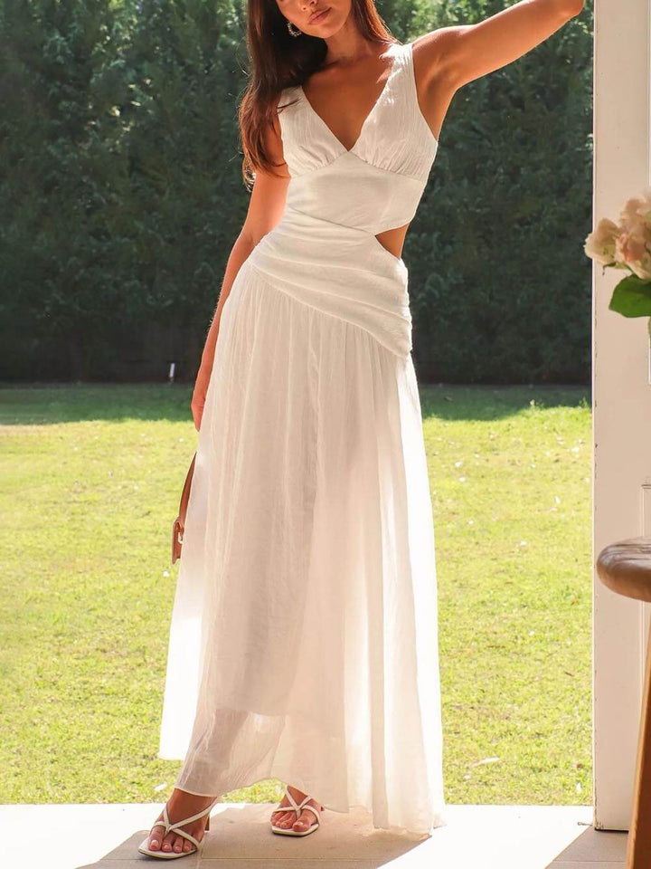 Tasha - Elegant Backless Pleated V-Neck Splicing Maxi Dress