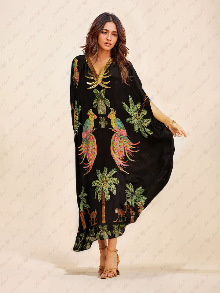 Kaia - Unique Drop Shoulder Sleeve Coconut Tree Printed Dress