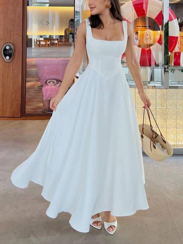 Elara - Elegant Sling Square Collar Large Swing MidI Dress