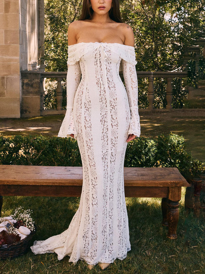 Valeria - Elegant One Shoulder Lace Fishtail Maxi Dress