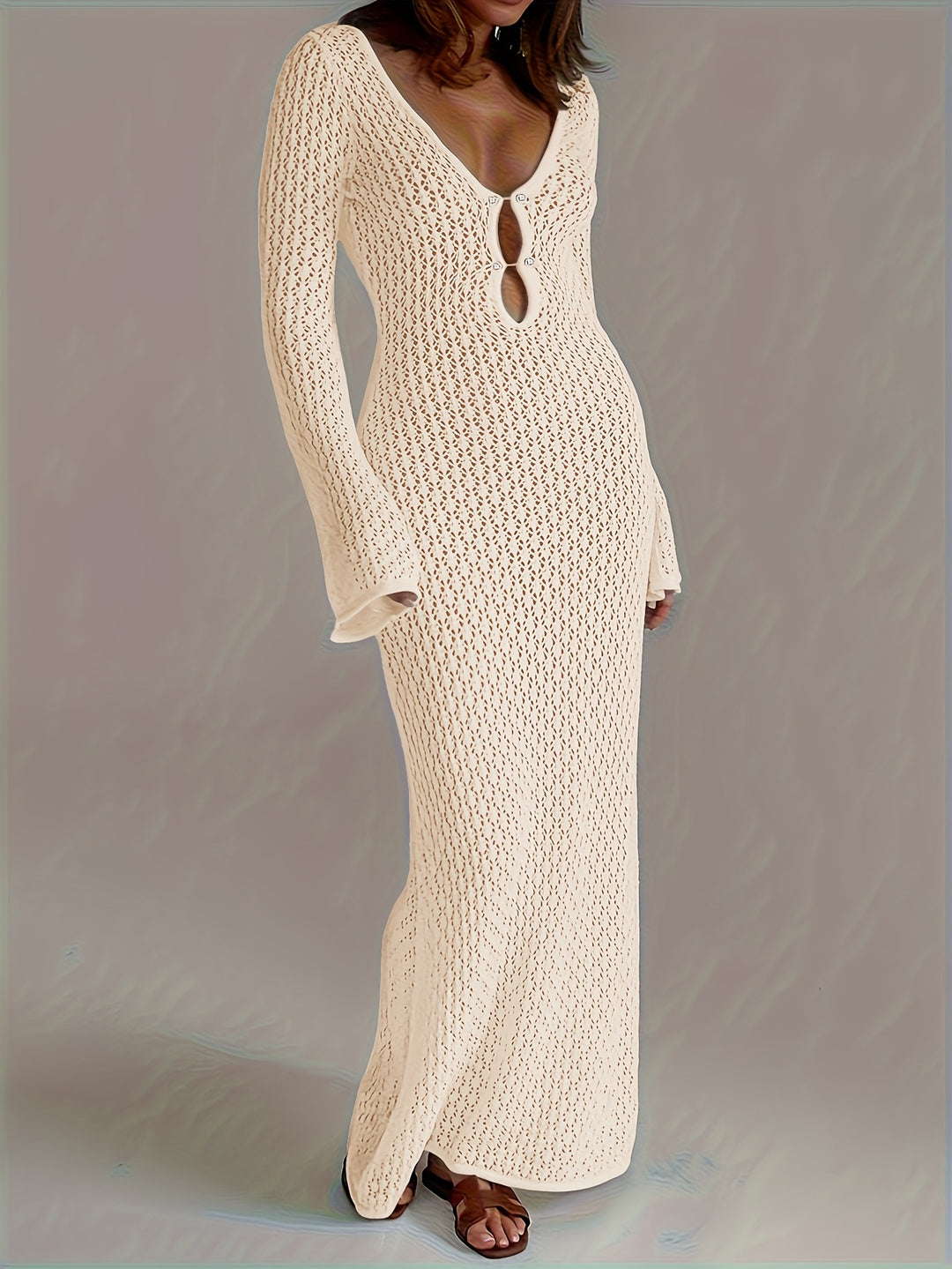 Selena - Solid Color Crochet Long Sleeve Beach Knit Dress