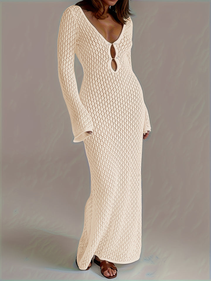 Selena - Solid Color Crochet Long Sleeve Beach Knit Dress