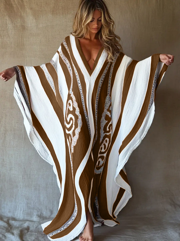 Butterfly -  Brushstroke Symphony Art Red-White Linen V-Neck Robe