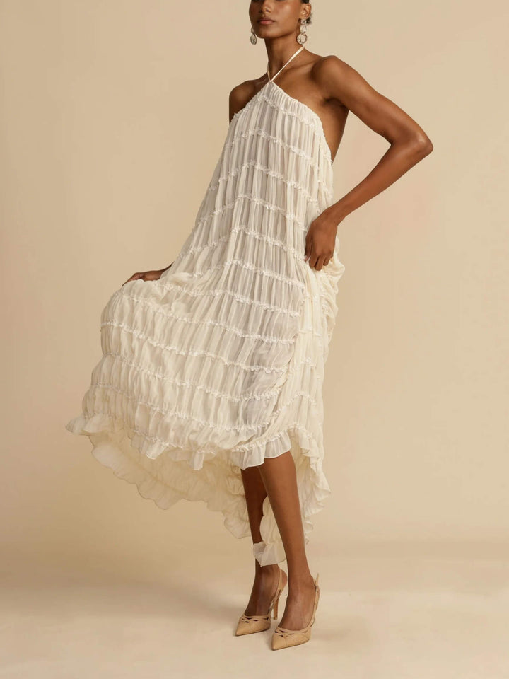 Vicki - Charming Pleated Drawstring Waist Tiered Halterneck Midi Dress
