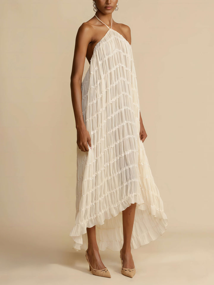 Vicki - Charming Pleated Drawstring Waist Tiered Halterneck Midi Dress