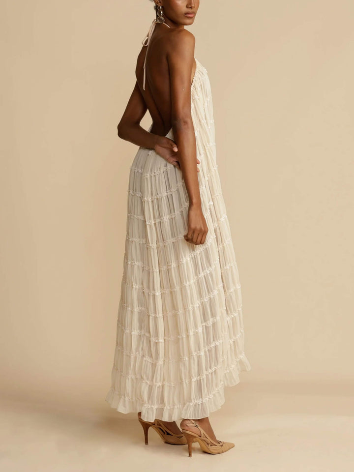 Vicki - Charming Pleated Drawstring Waist Tiered Halterneck Midi Dress