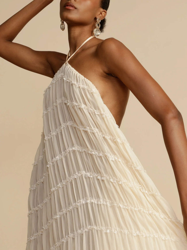Vicki - Charming Pleated Drawstring Waist Tiered Halterneck Midi Dress