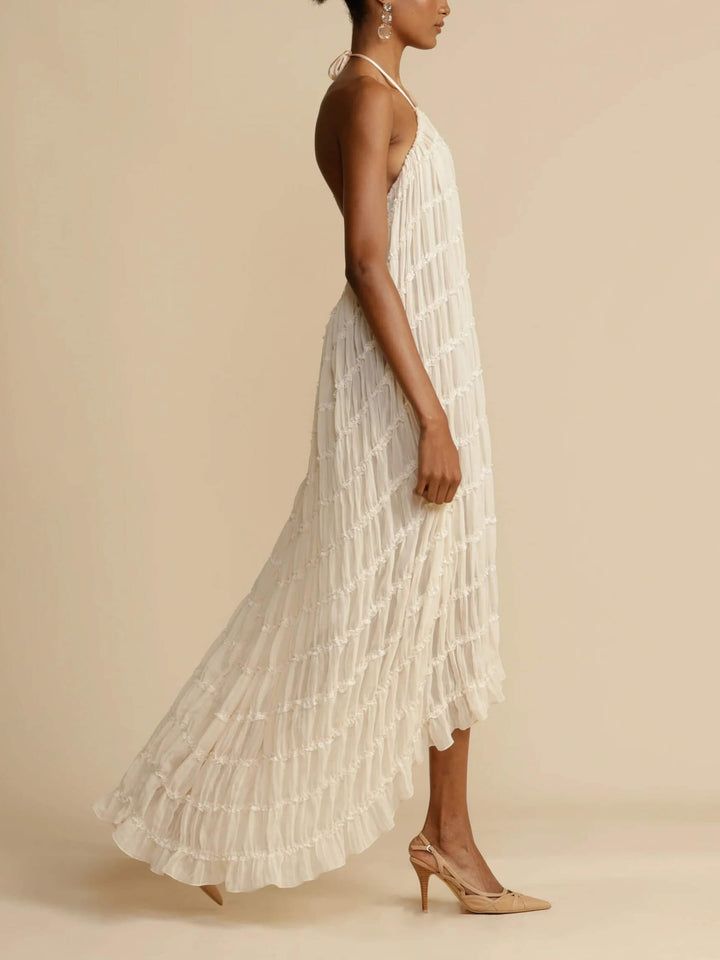 Vicki - Charming Pleated Drawstring Waist Tiered Halterneck Midi Dress