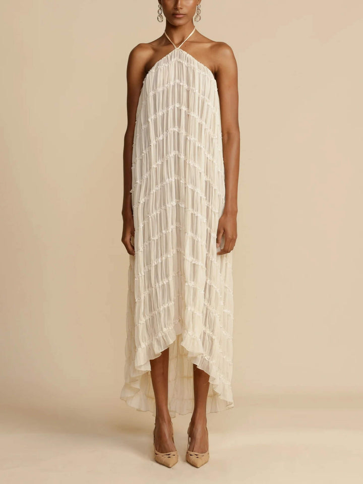 Vicki - Charming Pleated Drawstring Waist Tiered Halterneck Midi Dress