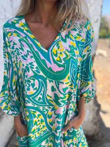 Aveline - Printed V-neck Pullover Long-sleeved Loose Dress