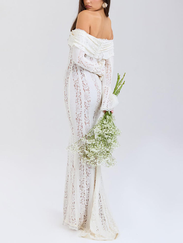 Valeria - Elegant One Shoulder Lace Fishtail Maxi Dress
