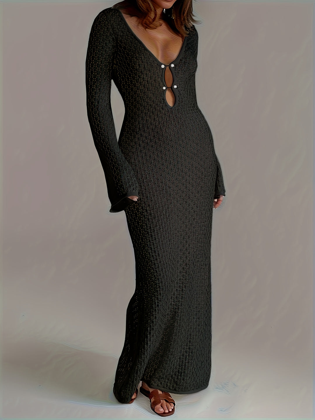 Selena - Solid Color Crochet Long Sleeve Beach Knit Dress