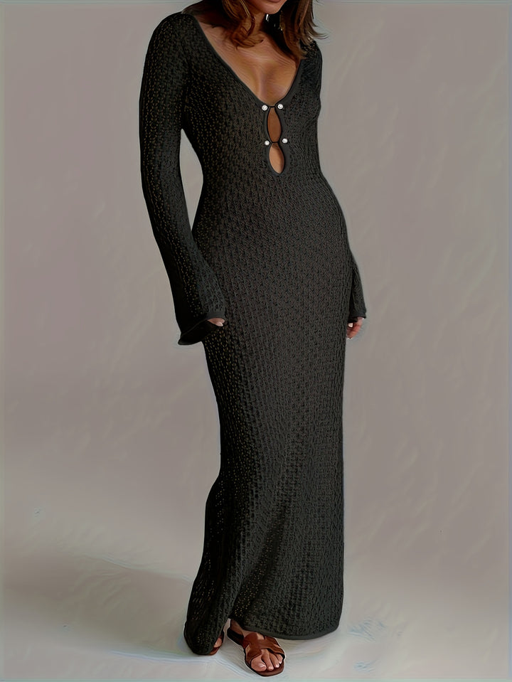 Selena - Solid Color Crochet Long Sleeve Beach Knit Dress