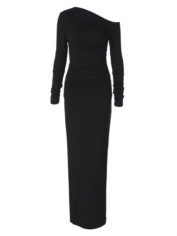 Yuna - Solid Color Off-shoulder Long-sleeved Maxi Dress