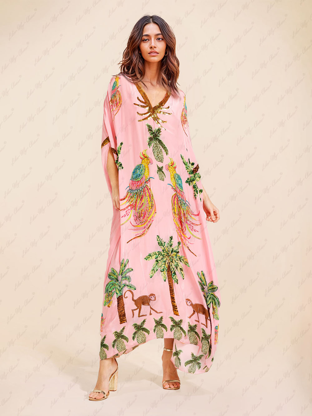 Kaia - Unique Drop Shoulder Sleeve Coconut Tree Printed Dress