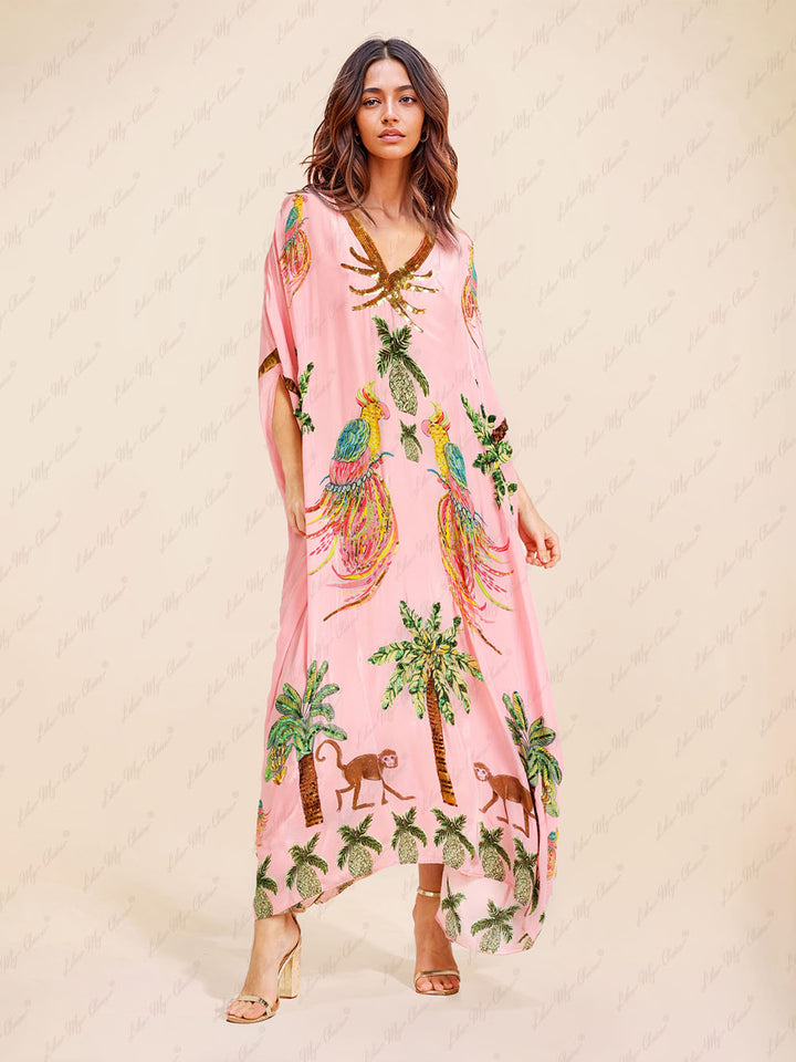 Kaia - Unique Drop Shoulder Sleeve Coconut Tree Printed Dress