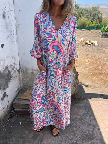 Aveline - Printed V-neck Pullover Long-sleeved Loose Dress