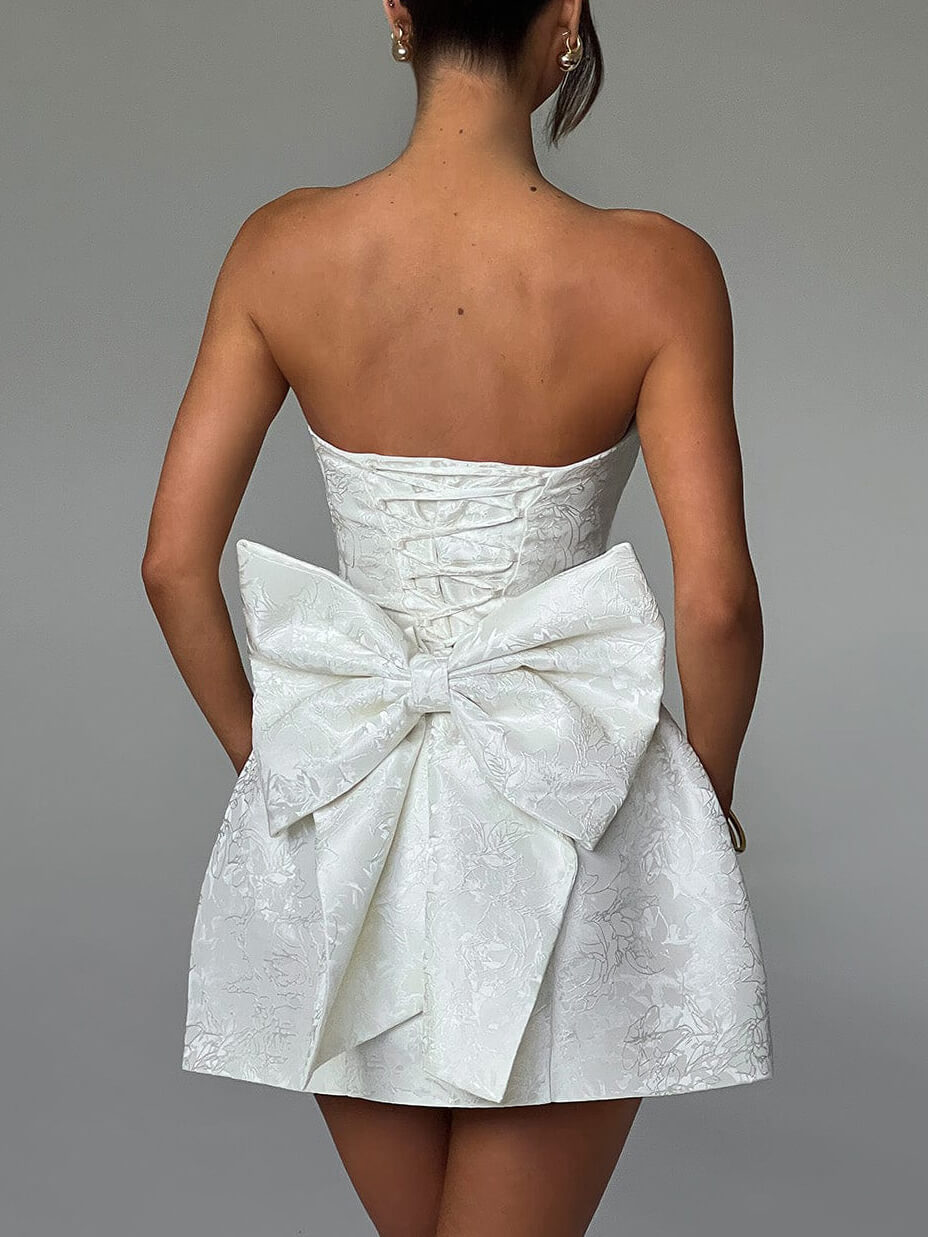 Hailie - Fashionable And Sexy Jacquard Tube Top Bow Mini Dress