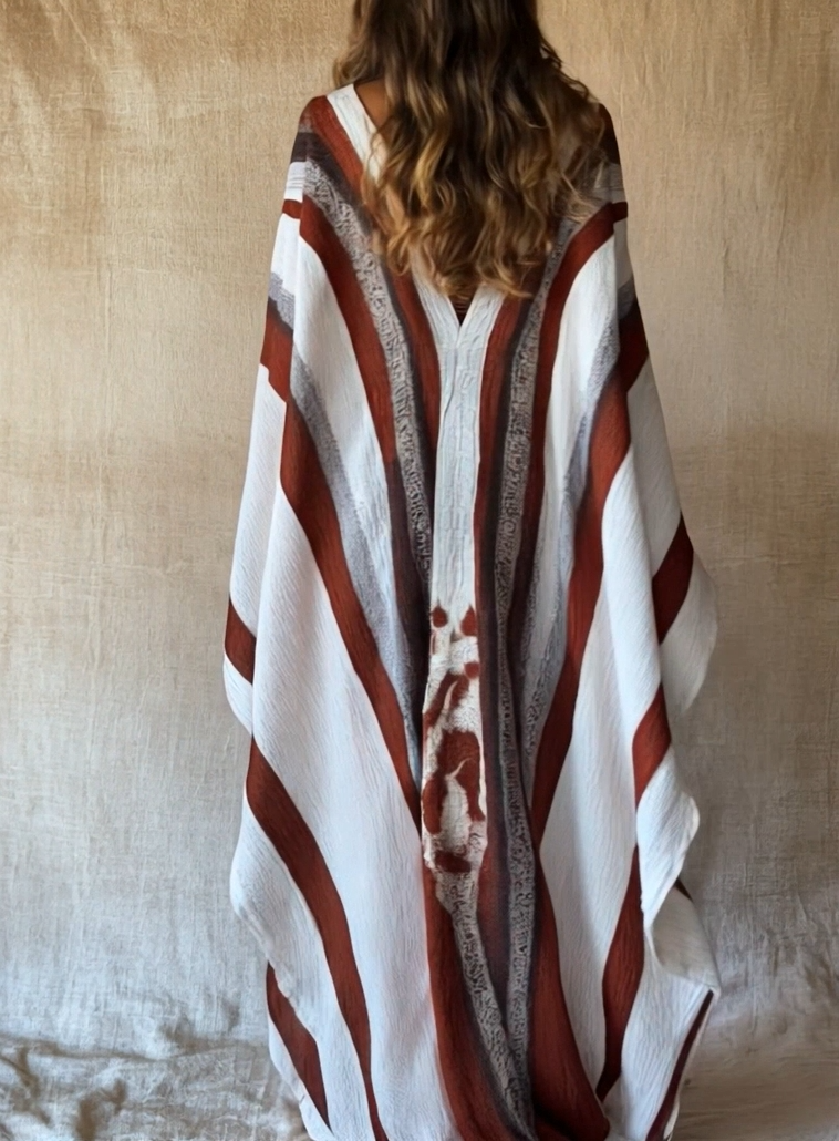 Butterfly -  Brushstroke Symphony Art Red-White Linen V-Neck Robe