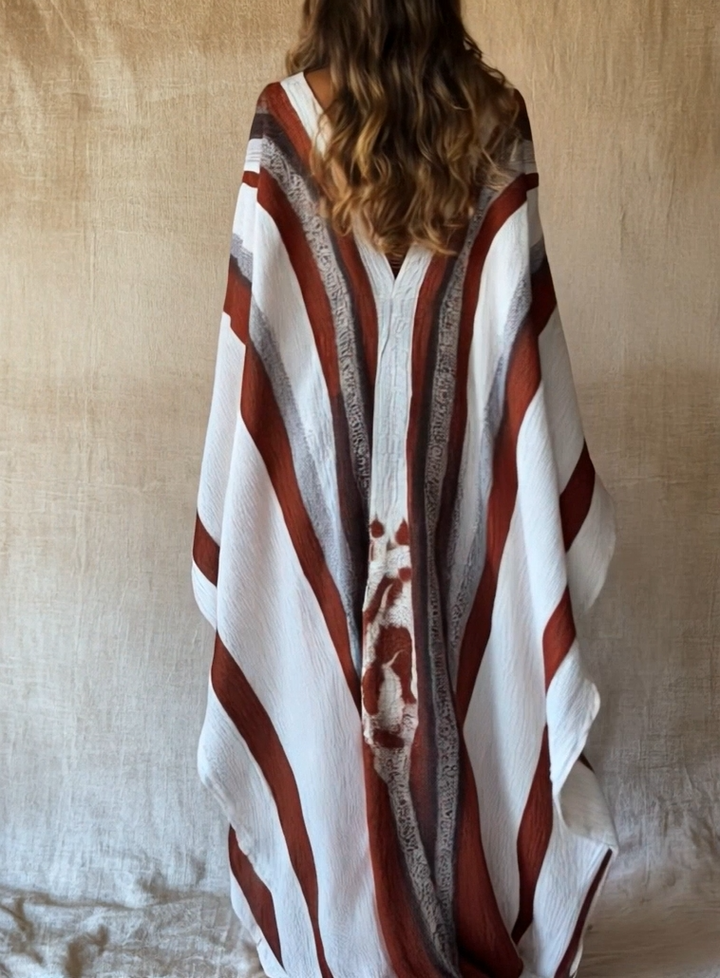 Butterfly -  Brushstroke Symphony Art Red-White Linen V-Neck Robe