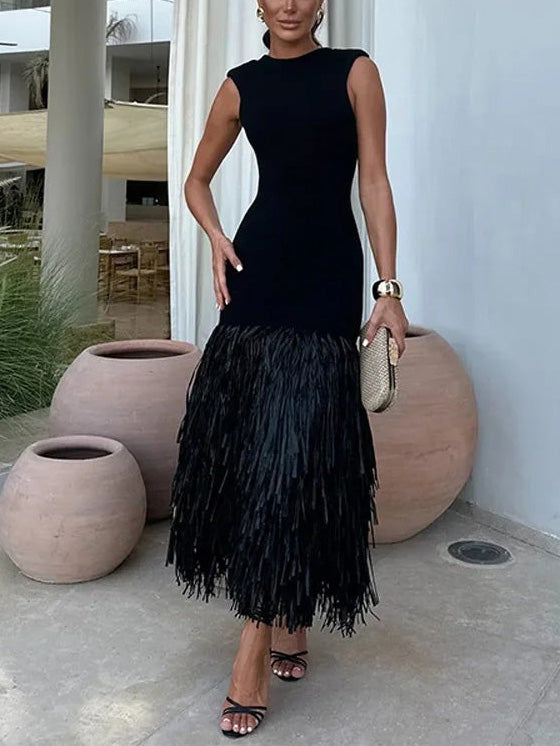 Isla - Elegant Raffia Fringed Midi Dress