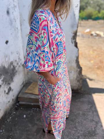 Aveline - Printed V-neck Pullover Long-sleeved Loose Dress