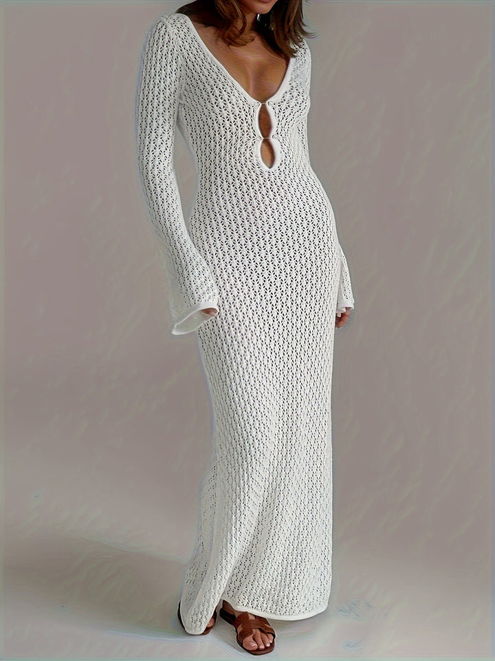Selena - Solid Color Crochet Long Sleeve Beach Knit Dress