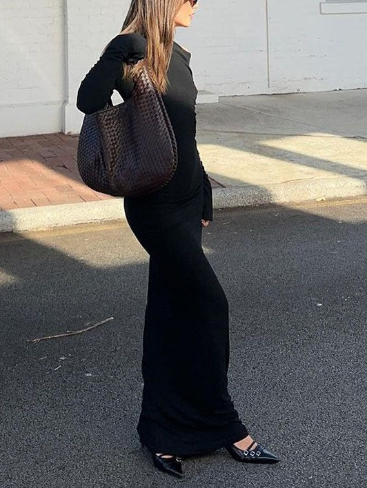 Yuna - Solid Color Off-shoulder Long-sleeved Maxi Dress