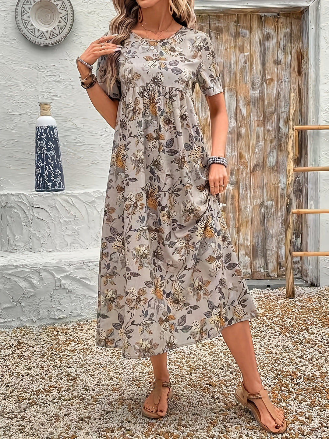 Lena – Floral Print Casual Round Neck Dress