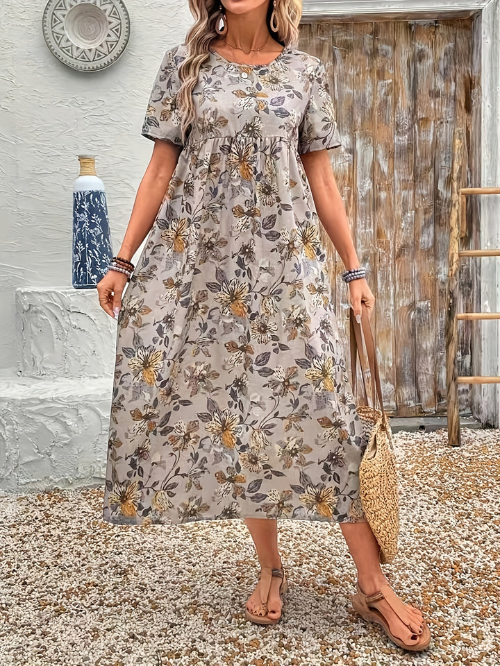 Lena – Floral Print Casual Round Neck Dress