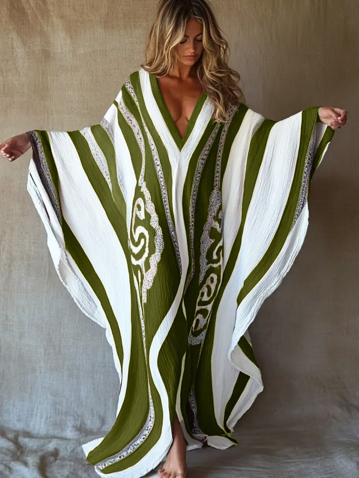 Butterfly -  Brushstroke Symphony Art Red-White Linen V-Neck Robe