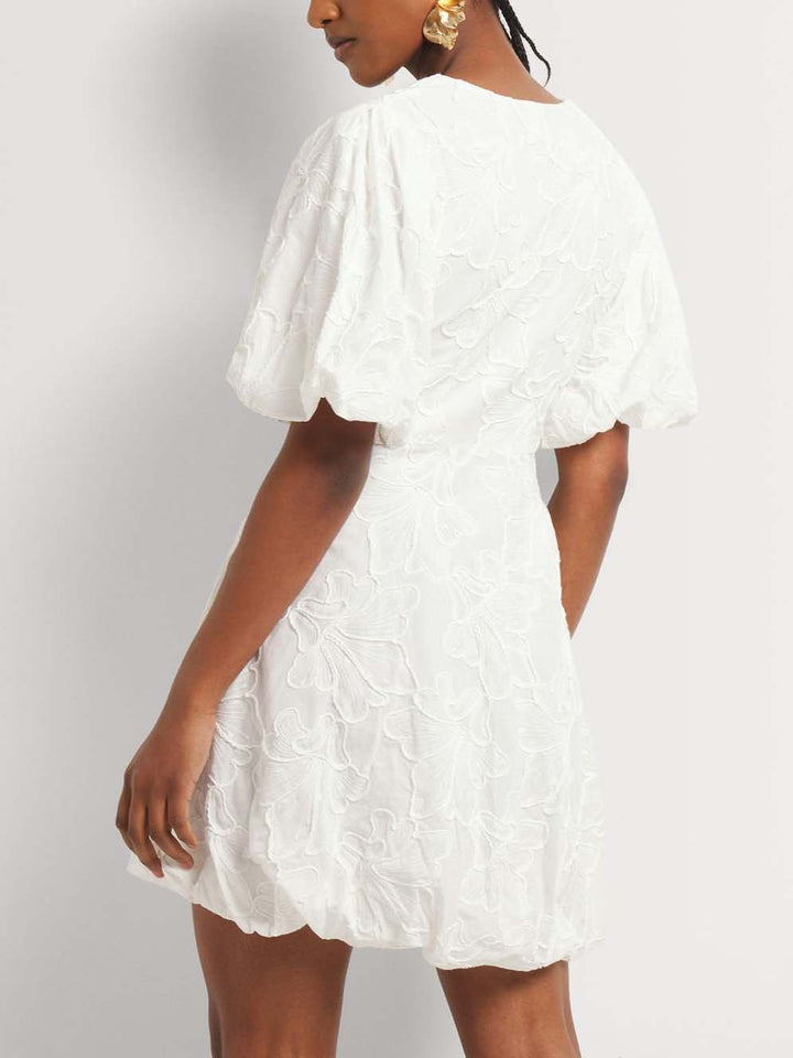Lola - Elegant V-neck Embroidered Puff Sleeves Mini Dress