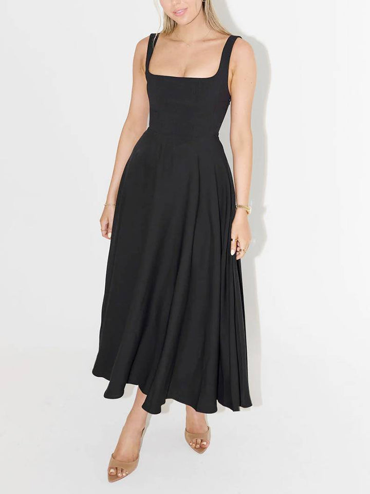 Elara - Elegant Sling Square Collar Large Swing MidI Dress