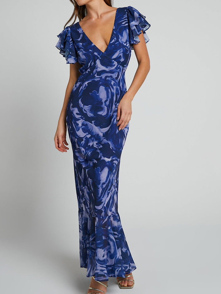 Mirelle - V Neck Flutter Sleeve Maxi Dress In Navy Swirl