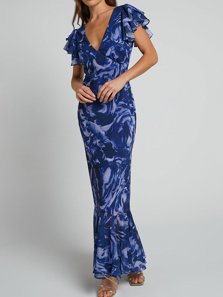 Mirelle - V Neck Flutter Sleeve Maxi Dress In Navy Swirl