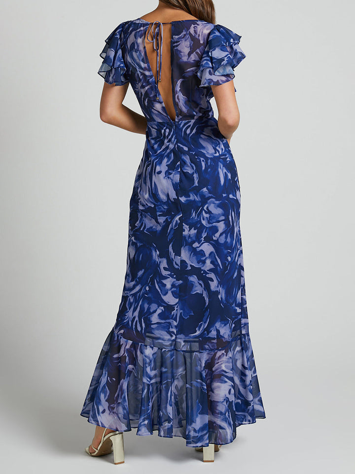Mirelle - V Neck Flutter Sleeve Maxi Dress In Navy Swirl