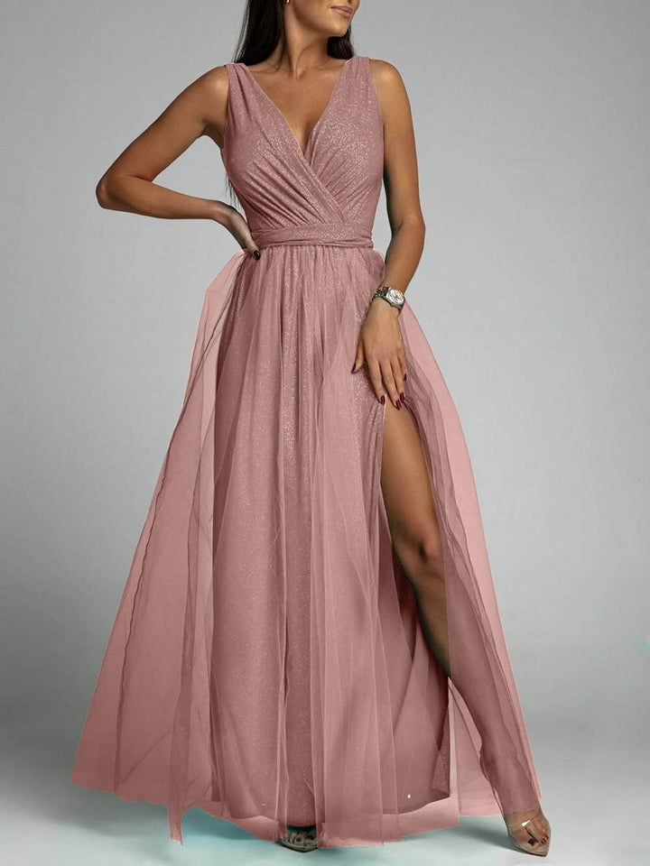 Ava - Elegant And Sexy V-Neck Waisted Slit Long Swing Maxi Dress