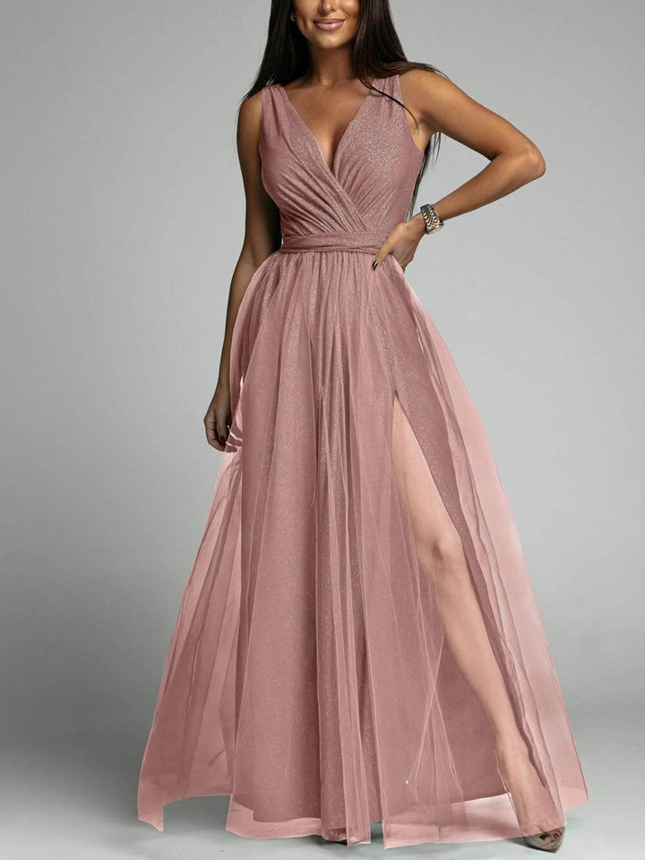 Ava - Elegant And Sexy V-Neck Waisted Slit Long Swing Maxi Dress
