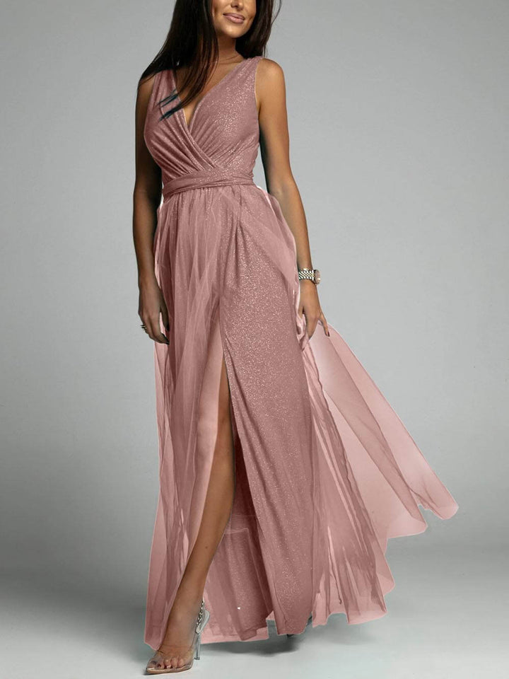 Ava - Elegant And Sexy V-Neck Waisted Slit Long Swing Maxi Dress