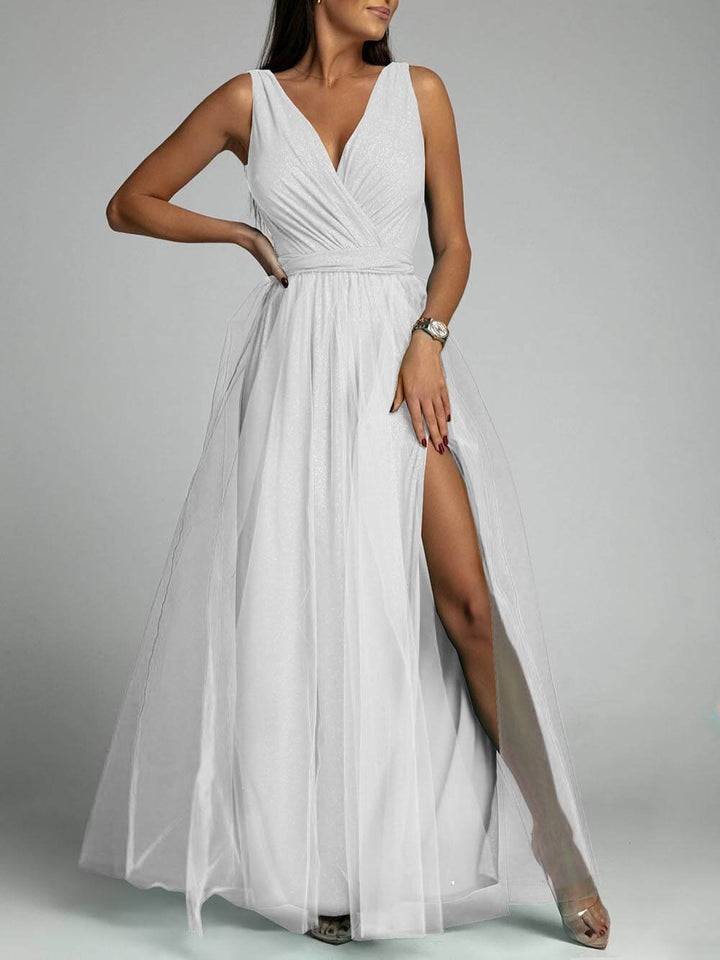 Ava - Elegant And Sexy V-Neck Waisted Slit Long Swing Maxi Dress