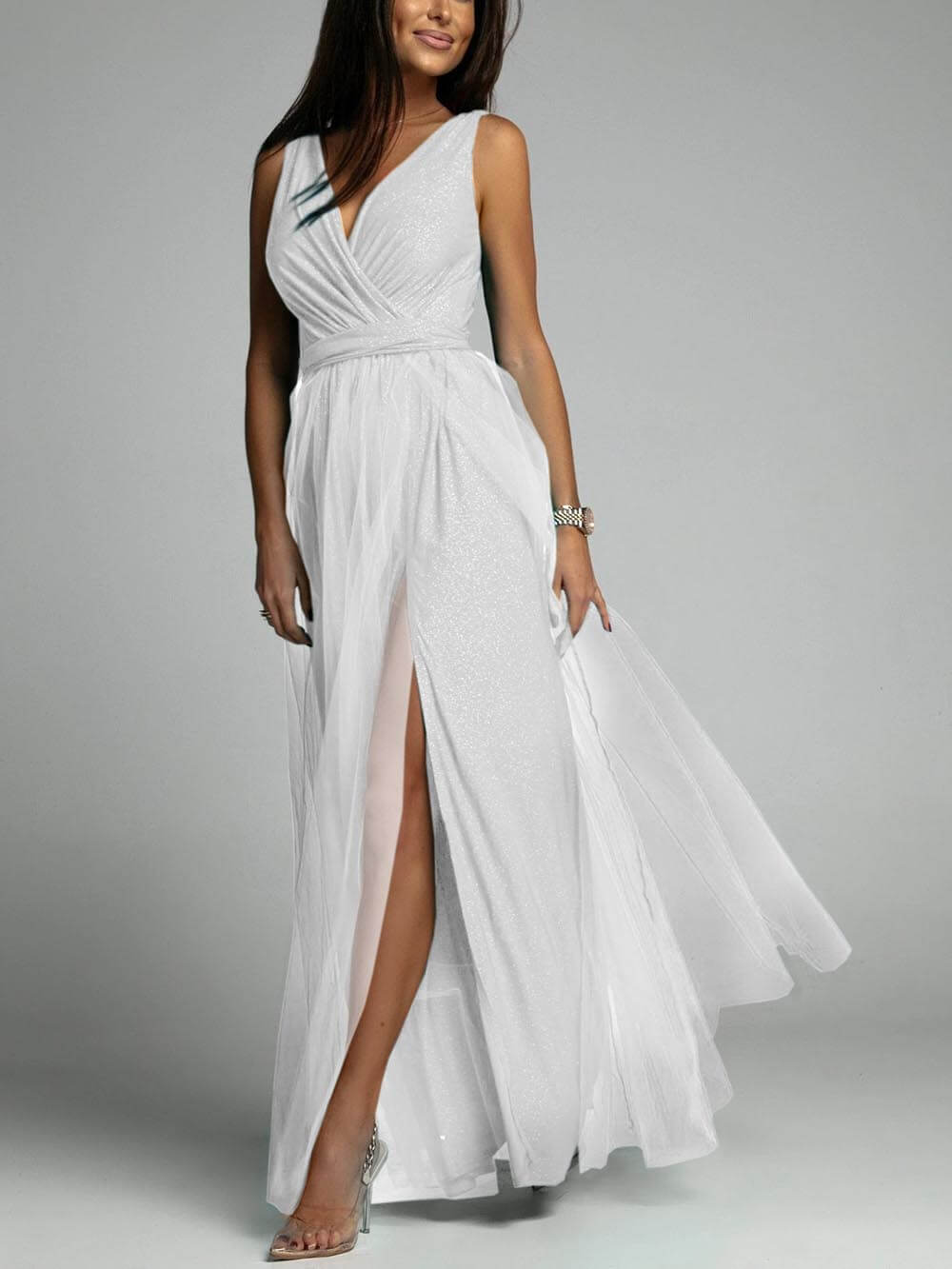 Ava - Elegant And Sexy V-Neck Waisted Slit Long Swing Maxi Dress