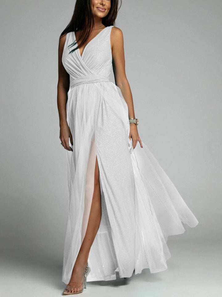 Ava - Elegant And Sexy V-Neck Waisted Slit Long Swing Maxi Dress
