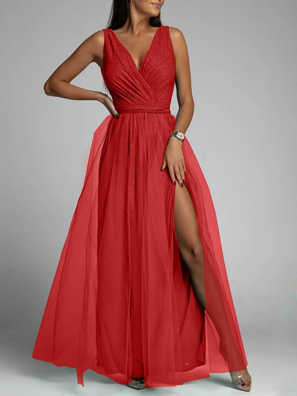 Ava - Elegant And Sexy V-Neck Waisted Slit Long Swing Maxi Dress