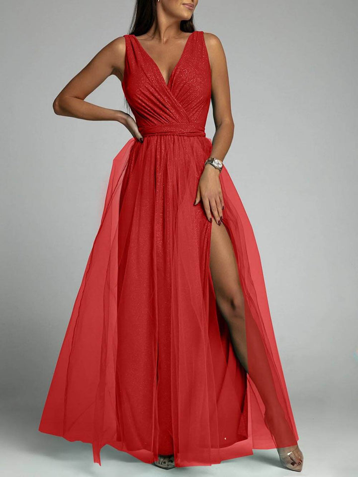 Ava - Elegant And Sexy V-Neck Waisted Slit Long Swing Maxi Dress