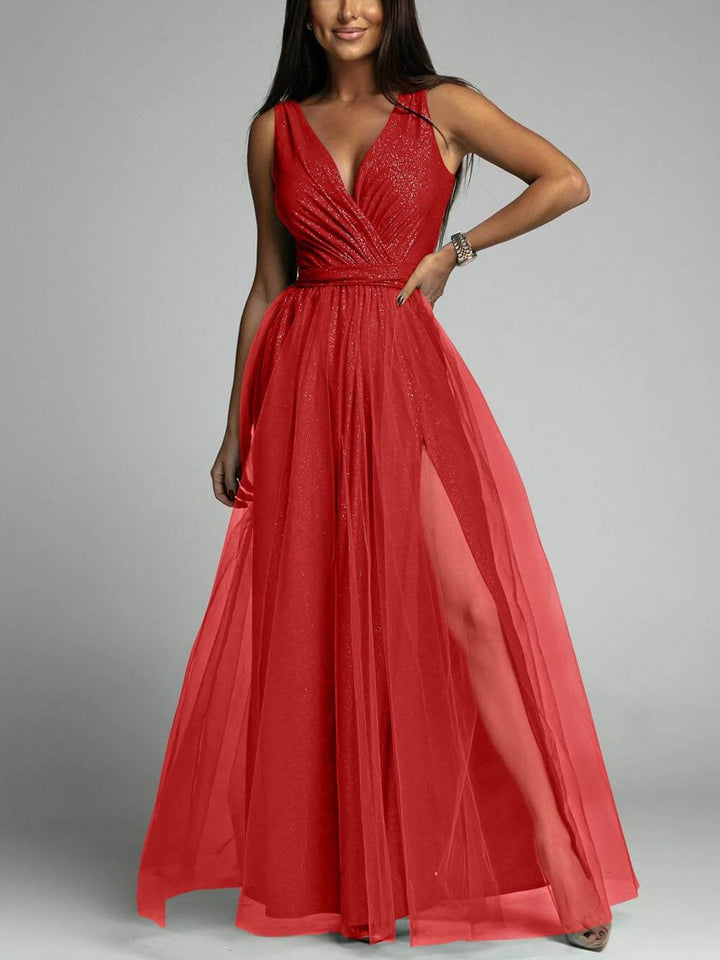 Ava - Elegant And Sexy V-Neck Waisted Slit Long Swing Maxi Dress