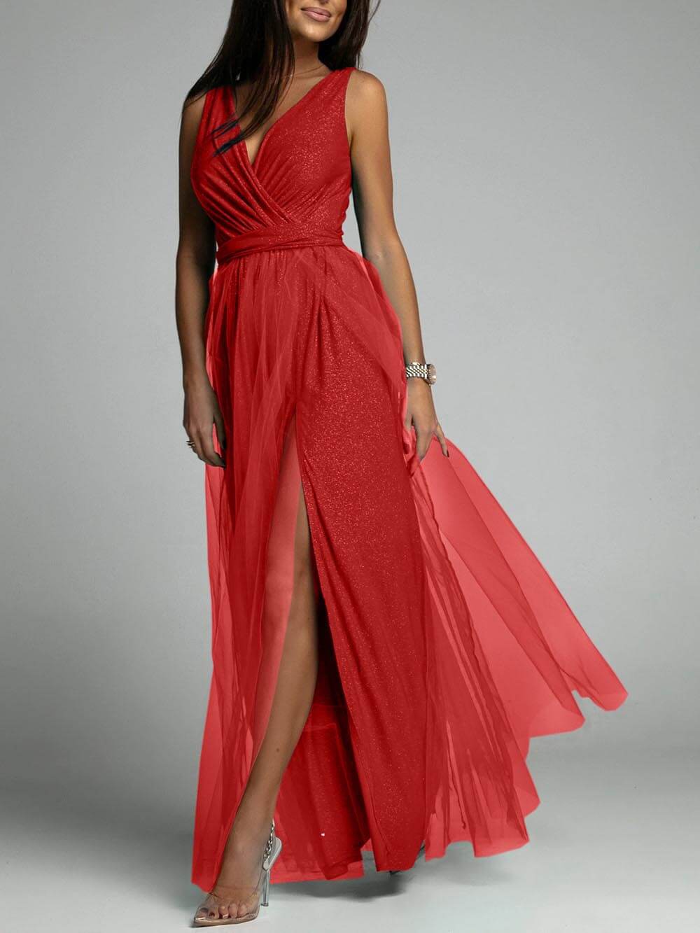 Ava - Elegant And Sexy V-Neck Waisted Slit Long Swing Maxi Dress