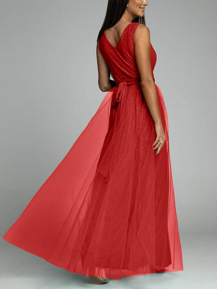 Ava - Elegant And Sexy V-Neck Waisted Slit Long Swing Maxi Dress